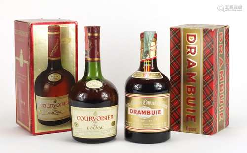 Two bottles of alcohol with boxes comprising Courvoisier cognac and Drambuie : For Further Condition