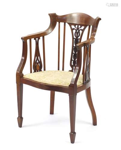 Edwardian inlaid mahogany tub chair with pierced back and floral upholstered seat, 92cm high : For