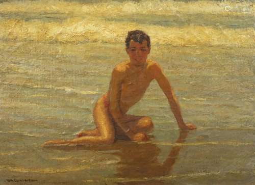 William A Cuthbertson - Young boy on the beach, oil on canvas board, framed, 33.5cm x 24.5cm : For