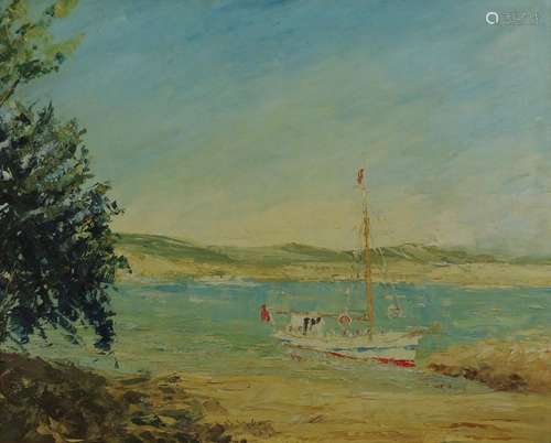 Yacht on a beach, oil on canvas, framed, 60cm x 50cm : For Further Condition Reports Please Visit