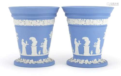 Pair of Wedgwood Jasper Ware vases, each decorated with maidens in a landscape, each 17cm high : For