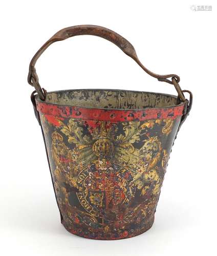 Georgian metal studded leather fire bucket, hand painted with Royal Coat of Arms, 26cm high : For