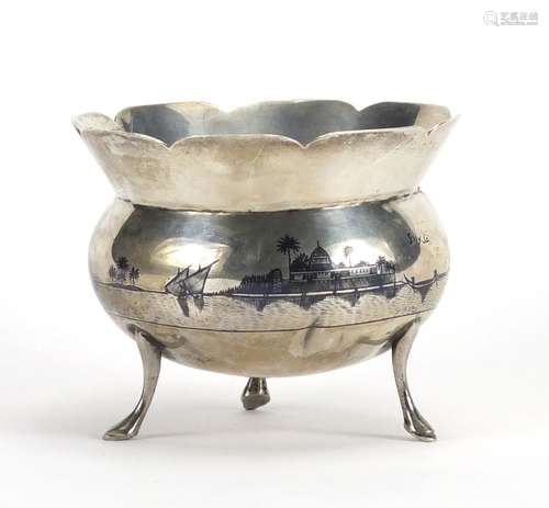 Egyptian unmarked silver niello work three footed bowl, 8cm high x 10.5cm in diameter, approximate