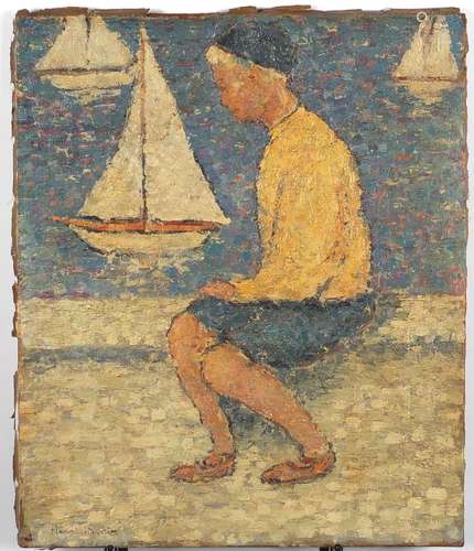 Boy seated with a toy boat, post impressionist oil on canvas, bearing an indistinct signature