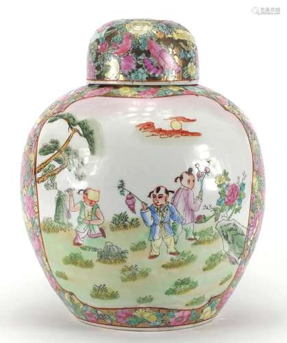 Large Chinese porcelain ginger jar and cover, hand painted with figures, birds of paradise and