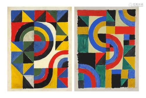 Abstract composition, geometric shapes, pair of Russian school mixed media's, mounted and framed,