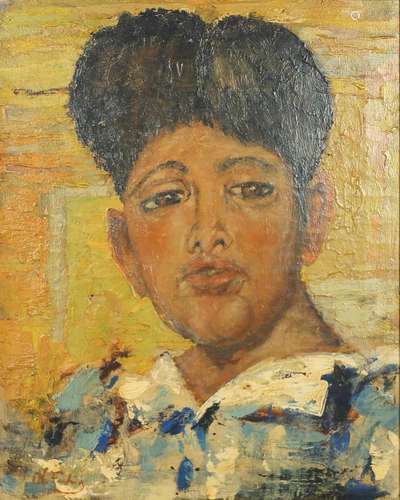 Head and shoulders portrait of an Eastern boy, post impressionist oil on canvas, bearing an