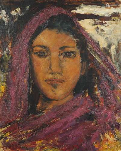 Head and shoulders portrait of an Eastern girl, post impressionist oil on canvas, bearing an