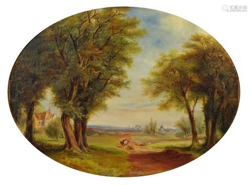 Figure with cattle in a landscape, English school oval oil on canvas laid on board, 44cm x 59cm :