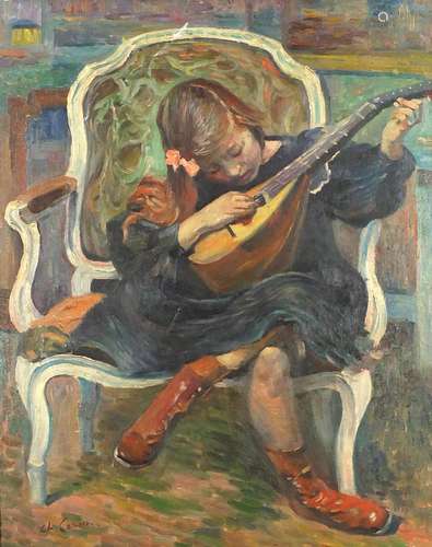 Young girl in a chair playing a mandolin, French school oil on board, bearing a signature C H