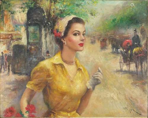 Female in a street, French impressionist oil on canvas, bearing an indistinct signature possibly