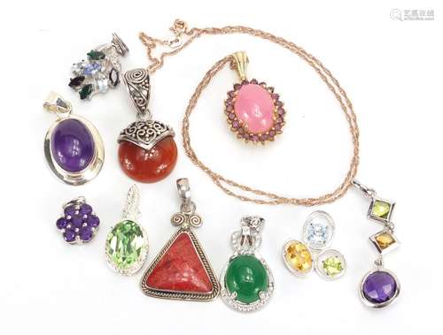 Ten silver semi precious stone pendants, approximate weight 40.4g : For Further Condition Reports