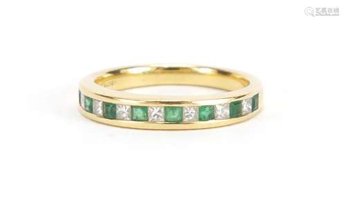 18ct gold emerald and diamond half eternity ring, size M, approximate weight 3.6g : For Further