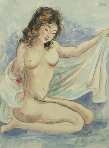 Nude female drying herself, watercolour, bearing a signature O Roche, mounted and framed, 33cm x