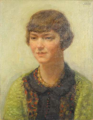 Head and shoulders portrait of a young female, oil on canvas, bearing a signature Smeers,