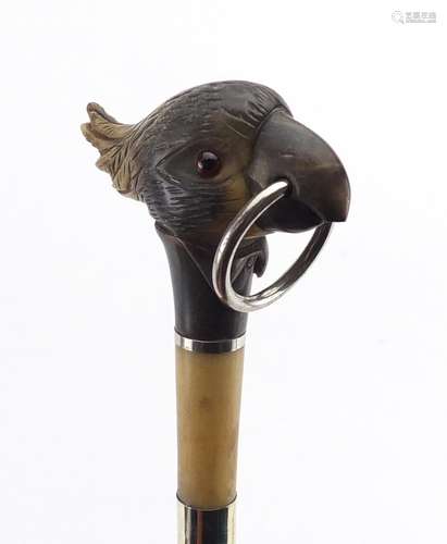 Carved horn cocktoo design walking stick with ebonised shaft, the carved pommel possibly