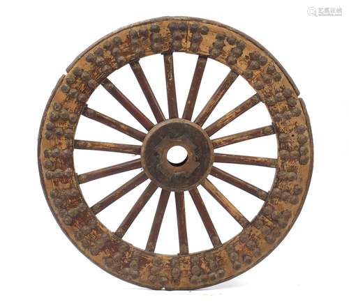 Large antique Chinese ceremonial carriage wheel, 111cm in diameter : For Further Condition Reports