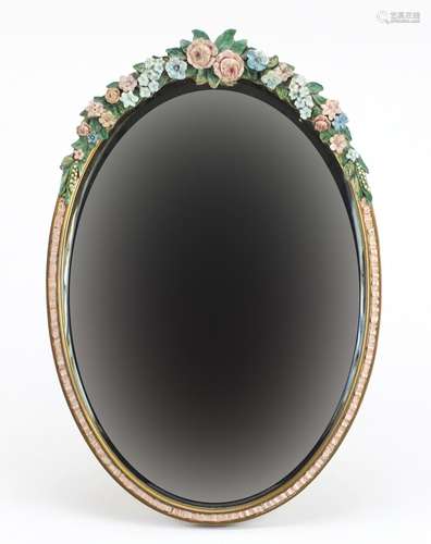 Large barbola easel mirror with bevelled glass, hand painted with flowers, 57cm x 38.5cm : For