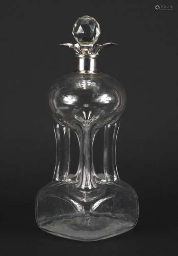 Hour glass decanter with silver collar, indistinct makers mark Chester 1923, 30cm high : For Further