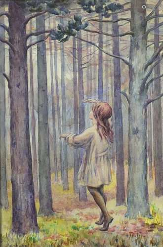 Sybil Barham - Figure in woodland, early 20th century watercolour, framed, 34cm x 23cm : For Further