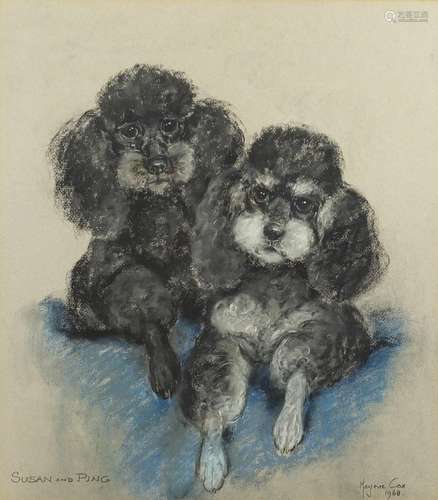 Marjorie Cox 1986 - Susan and Ping, pair of poodles, signed pastel, mounted and framed, 46cm x