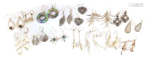 Fifteen pairs of silver and white metal earrings, some set with semi precious stones, approximate