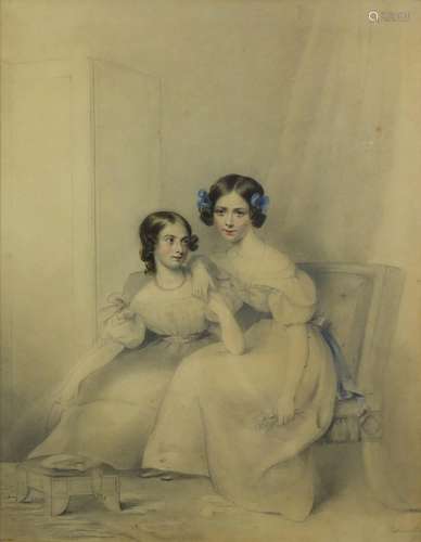 Portrait of two young females in an interior, Late Georgian pencil and watercolour, bearing an