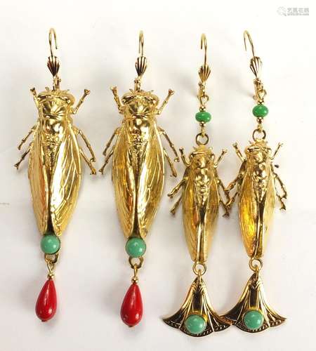 Two pairs of Egyptian Revival gilt metal locust design earrings with drops, the largest pair 9cm