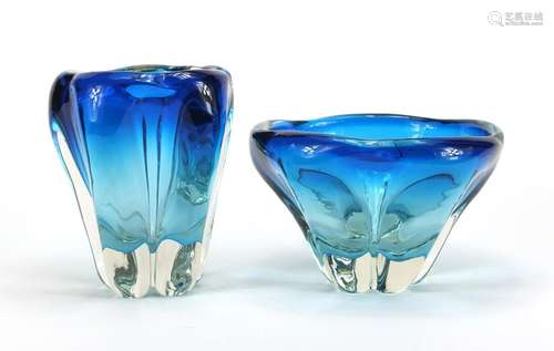 Two stylish blue and clear art glass vases, the largest 18cm high : For Further Condition Reports