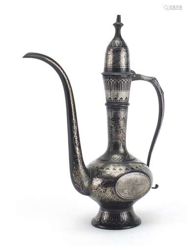 Indian Bidriware coffee pot inlaid with foliate motifs, 26cm high : For Further Condition Reports