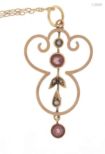 Art Nouveau 9ct gold pink stone and seed pearl pendant on a 9ct gold necklace, the pendant 3.5cm