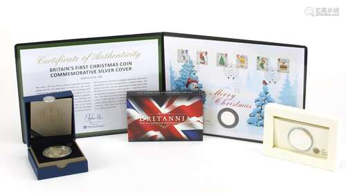 Silver proof coins comprising a Queen's Diamond Jubilee crown, 2011 Britannia two pound and