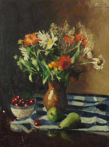 Still life flowers in a vase, oil on board, bearing an indistinct signature to the top right,