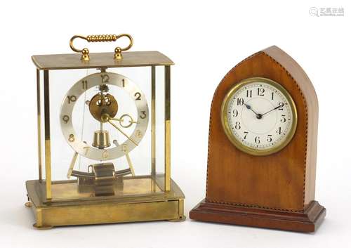 Kundo Electronic mantel clock and an Edwardian inlaid mahogany mantle clock, the largest 22cm high :