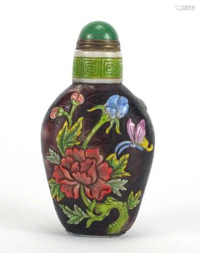 Chinese Peking cameo glass snuff bottle with jade stopper, decorated with a crane in a landscape and