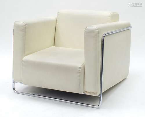 Contemporary cream faux leather and chrome framed armchair, 71cm H x 90cm W x 85cm D : For Further