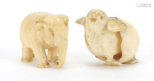 Two ivory carving including a Japanese hatching chick, the largest 4cm wide : For Further