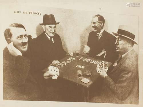 Black and white press photograph of Hitler playing cards, not for publication stamp to the