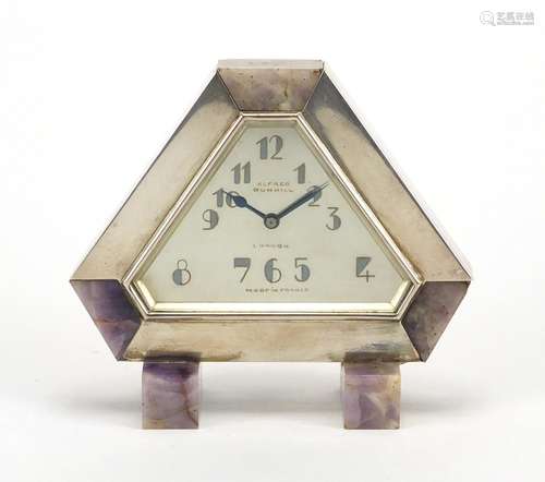 Art Deco blue john and unmarked silver mounted desk clock by Alfred Dunhill, the silvered dial