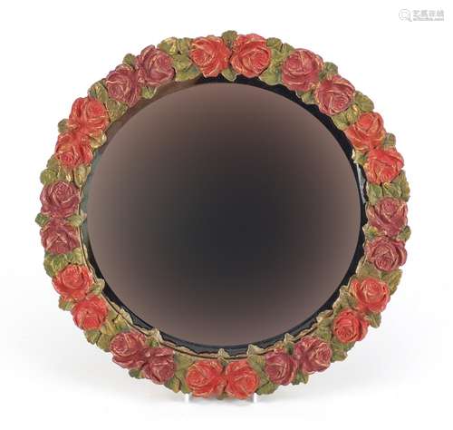 Circular barbola wall hanging mirror with bevelled glass, hand painted with flowers, 41cm in