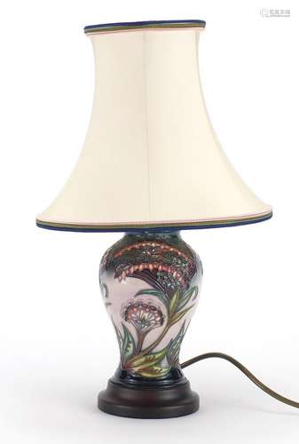 Moorcroft baluster vase lamp base with silk lined shade, hand painted and tube lined with stylised