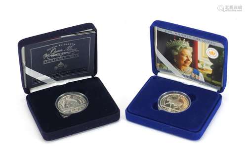 Two silver proof commemorative crowns, with boxes, The Queen Mother Centenary year and Golden