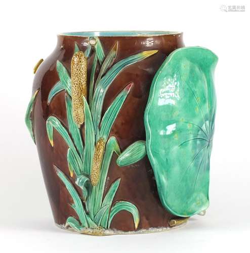 19th century Majolica vase decorated in relief with bulrush and a lily pad, 27.5cm high : For