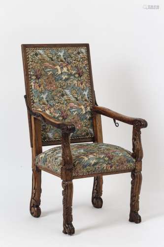 Barock-SesselEiche, auf reliefierten Beinen, gepolsterte Sitzfläche (Bezug mit Jagdszenen).