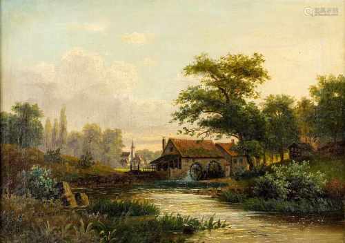 Lucas, C.19. Jh. Öl/Lw. Sonnige Flusslandschaft mit alter Wassermühle am Ufer und Dorfsilhouette