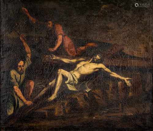 Alter Meister18. Jh. Öl/Lw. Biblische Szene. Elfte Station des Kreuzweges. Christus wird ans Kreuz