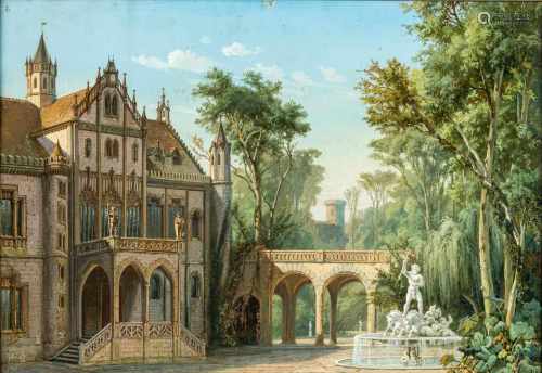 Landschafter19. Jh. Gouache. Sommerliche Parkanlage mit Schloss und Neptunbrunnen. 48 x 69 cm. R.