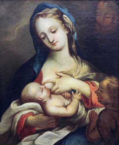 Kirchenmaler18. Jh. Öl/Lw. Maria Lactans umgeben von Johannes dem Täufer und Engeln. (Doubl., rest.,