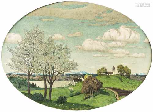 Deutscher LandschafterUm 1900. Farblithogr. Frühlingslandschaft mit Kapelle. Ovaler