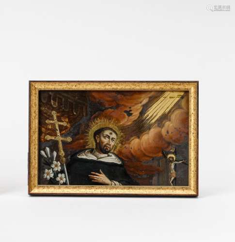 Heiliger DominikusHinterglasbild. Darstellung des Heiligen Dominikus mit Lilie und Kreuzstab (
